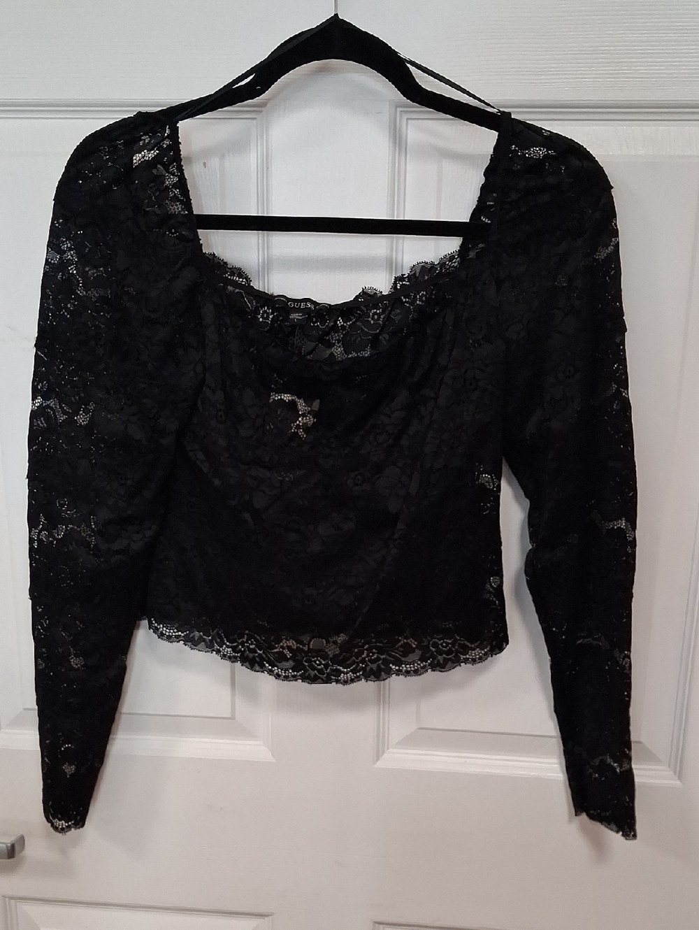 Guess Black Lace Long-Sleeve Crop Top